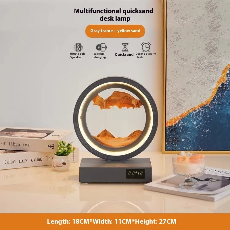 Quicksand painting clock with LED light, wireless charger, and speaker in a white frame