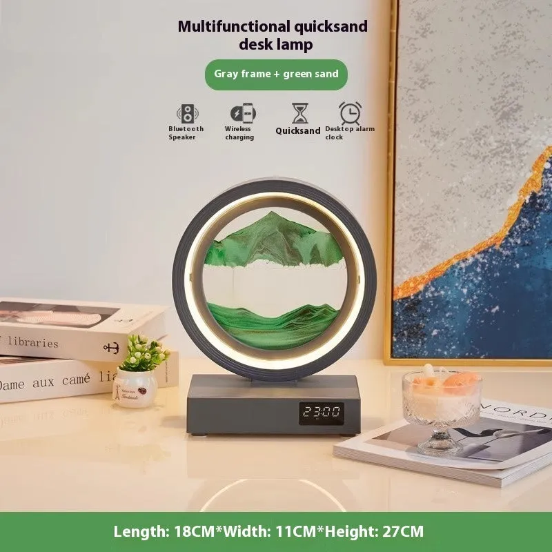 Quicksand painting clock with LED light, wireless charger, and speaker in a white frame