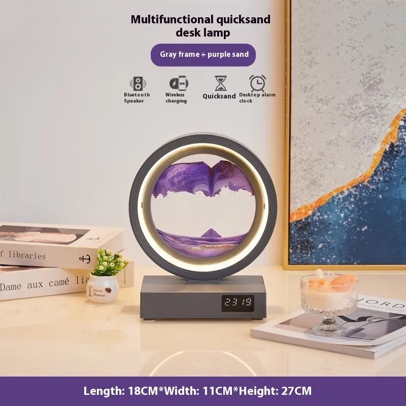 Quicksand painting clock with LED light, wireless charger, and speaker in a white frame