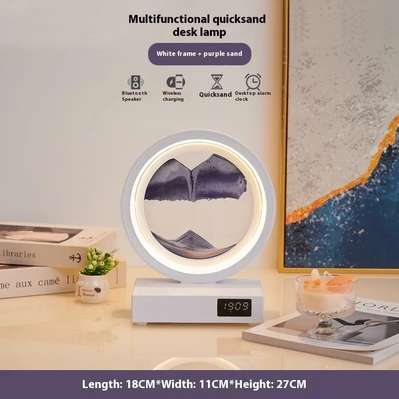 Quicksand painting clock with LED light, wireless charger, and speaker in a white frame