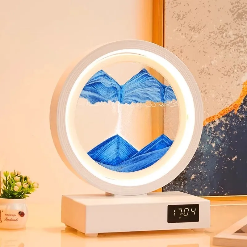 Quicksand painting clock with LED light, wireless charger, and speaker in a white frame