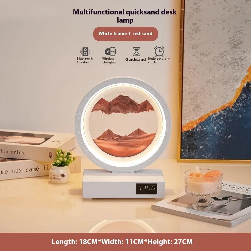 Quicksand painting clock with LED light, wireless charger, and speaker in a white frame