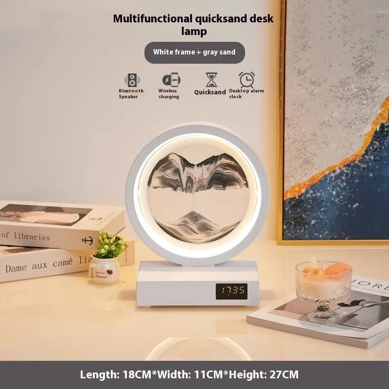 Quicksand painting clock with LED light, wireless charger, and speaker in a white frame