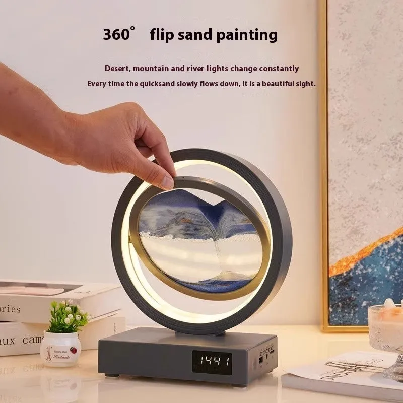 Quicksand painting clock with LED light, wireless charger, and speaker in a white frame