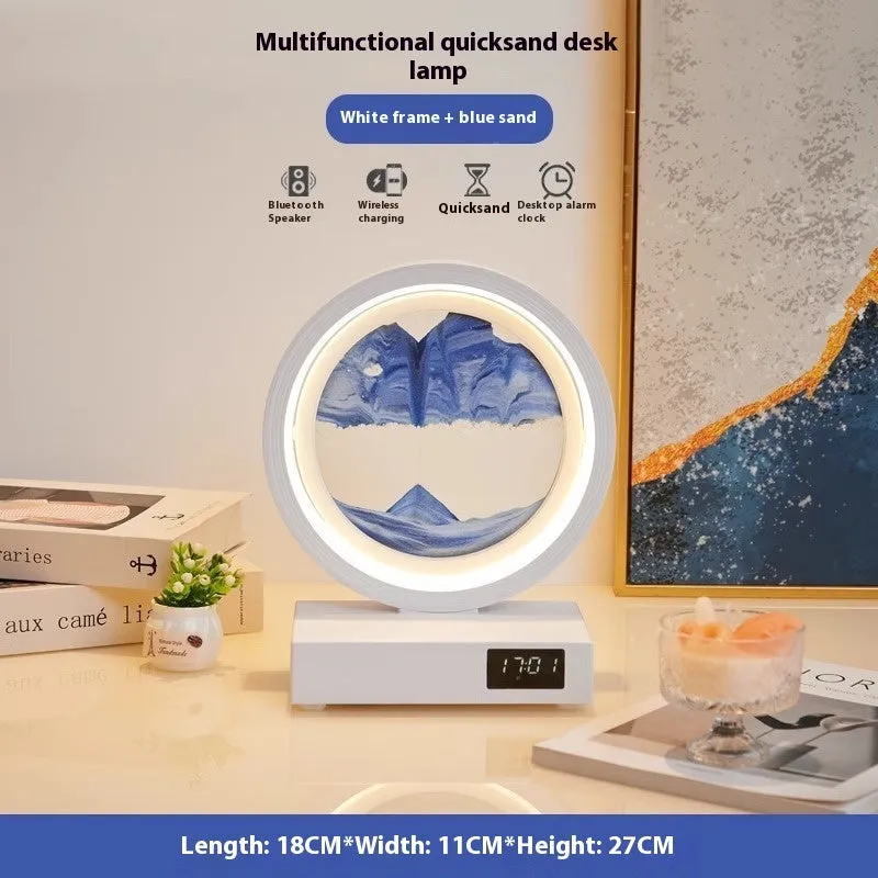 Quicksand painting clock with LED light, wireless charger, and speaker in a white frame