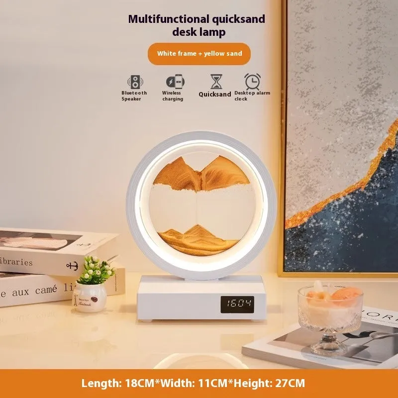 Quicksand painting clock with LED light, wireless charger, and speaker in a white frame