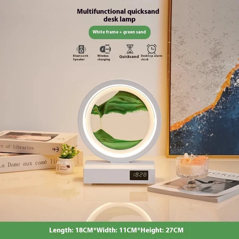 Quicksand painting clock with LED light, wireless charger, and speaker in a white frame