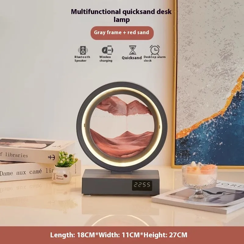 Quicksand painting clock with LED light, wireless charger, and speaker in a white frame