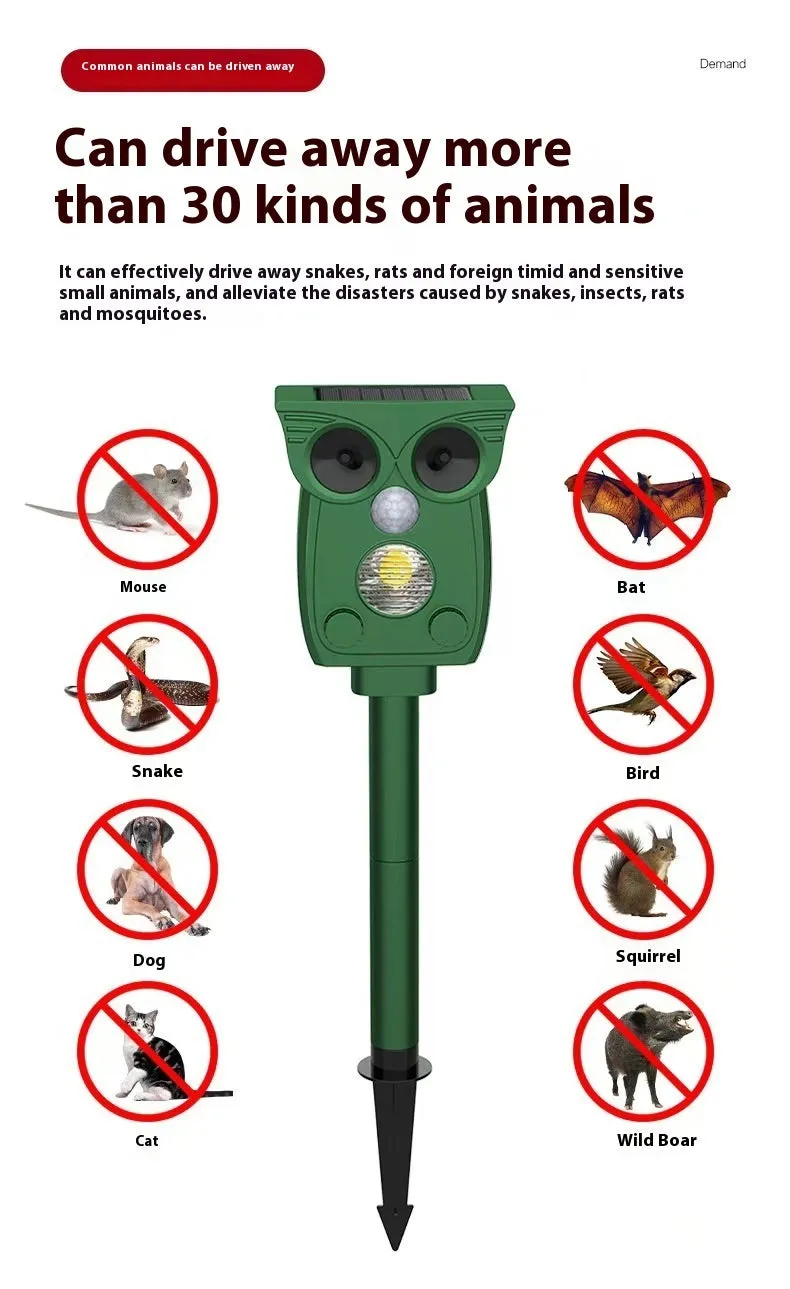 Dark green solar-powered infrared animal repeller with plastic body on grass