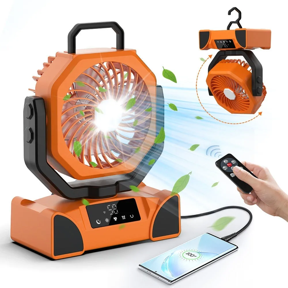 Outdoor solar emergency fan with digital display, remote control, orange F14 model, 207x108x260mm