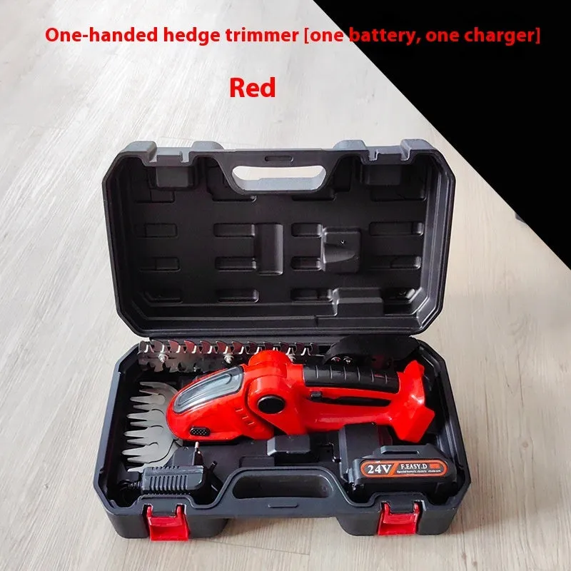 Red electric hedge shears in plastic box with 23cm blade for garden trimming