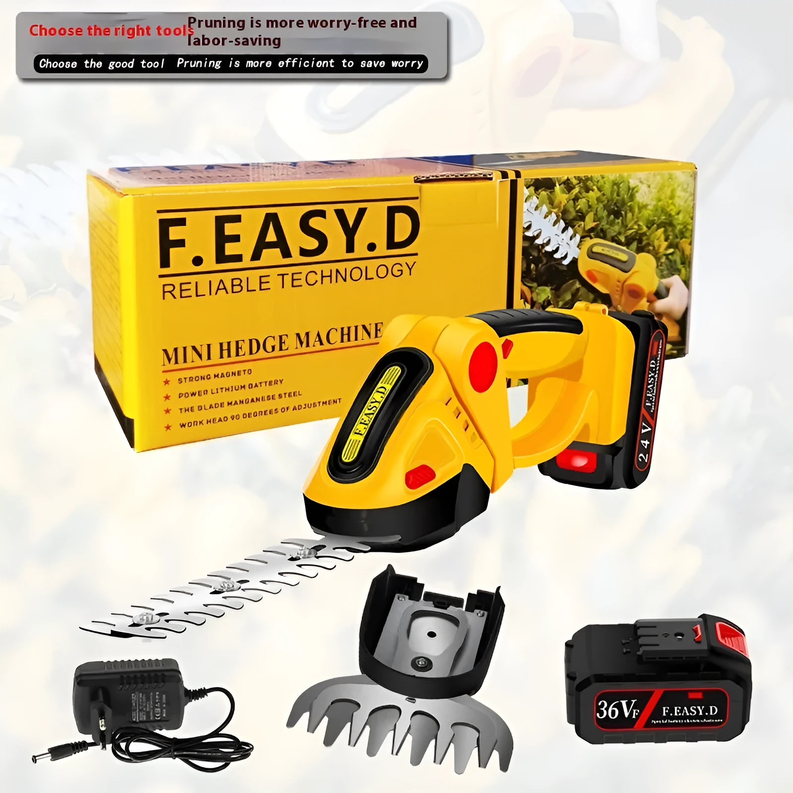 Red electric hedge shears in plastic box with 23cm blade for garden trimming