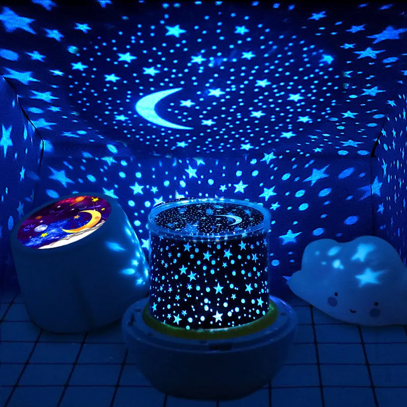 Pruixin projector night light showing star and love patterns projected on a bedroom ceiling.
