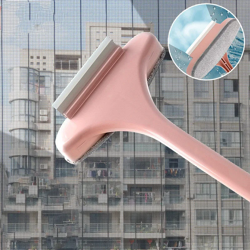 Extendable window cleaning brush with dual-sided scrubber head and crevice tool for screens and glass