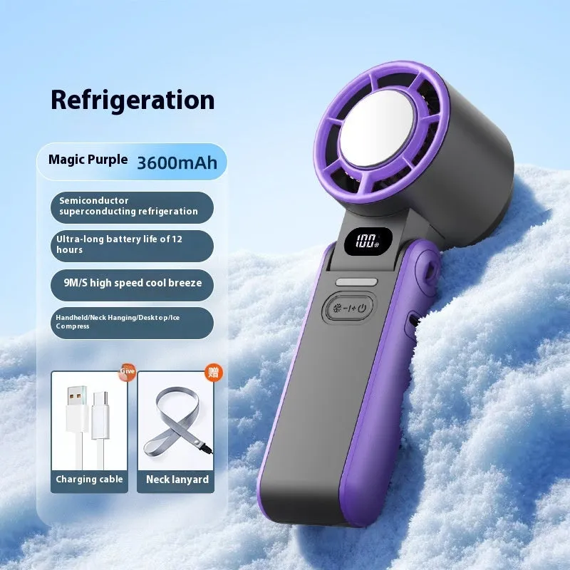 High-speed refrigeration ice compress handheld foldable fan in black with USB cable