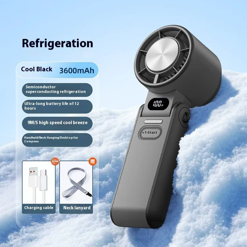 High-speed refrigeration ice compress handheld foldable fan in black with USB cable