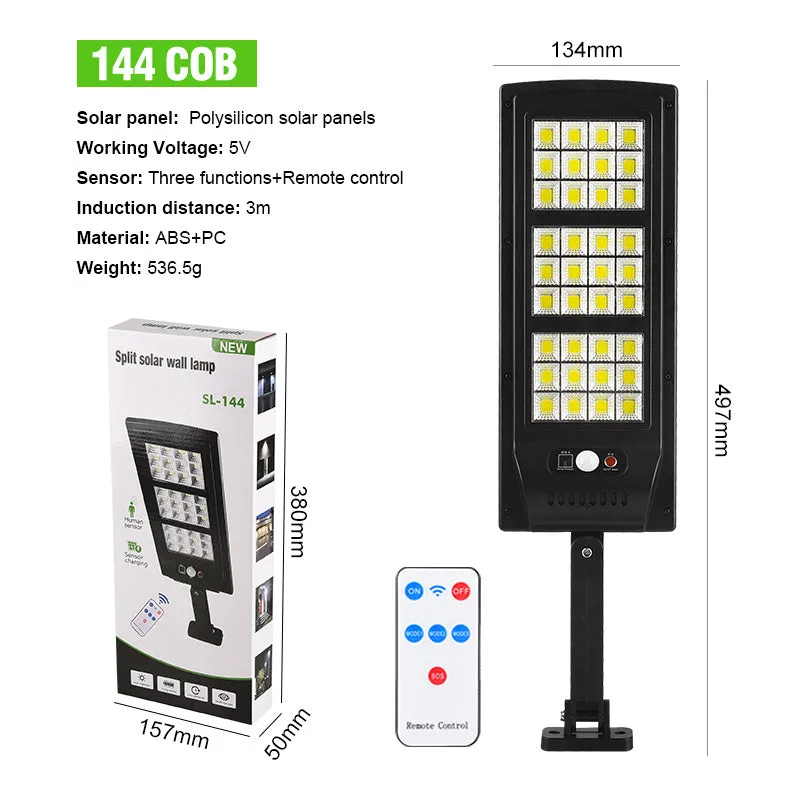 Plastic solar street light with remote control for outdoor garden or wall mounting.