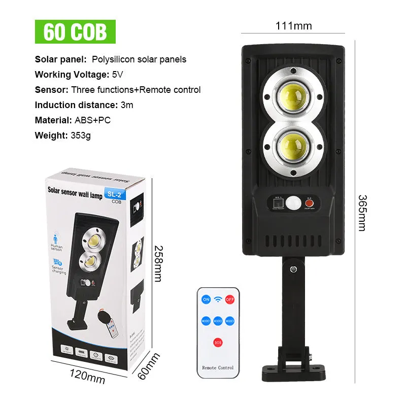 Plastic solar street light with remote control for outdoor garden or wall mounting.