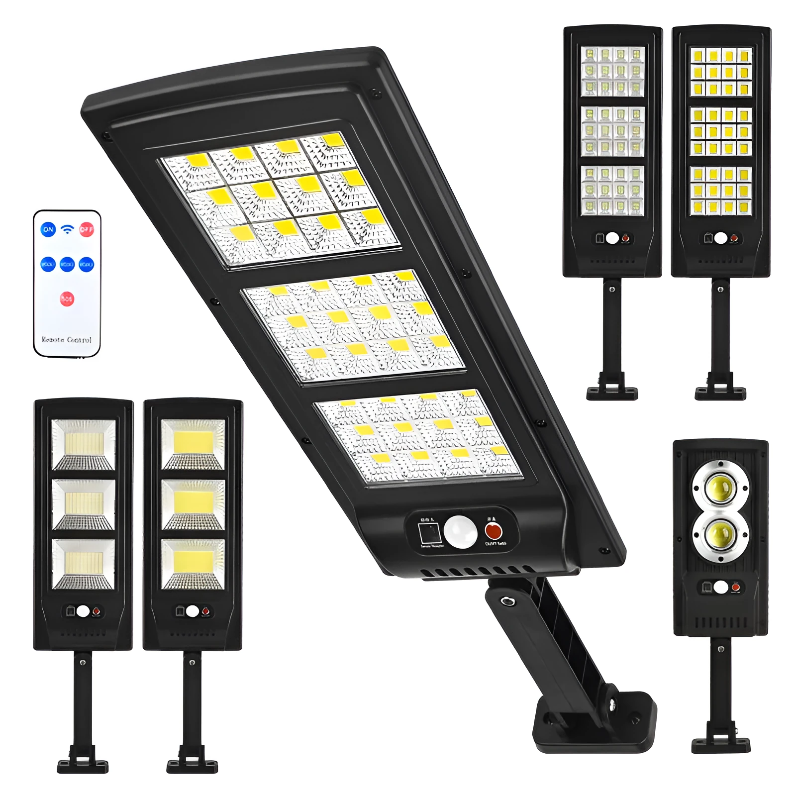 Plastic solar street light with remote control for outdoor garden or wall mounting.