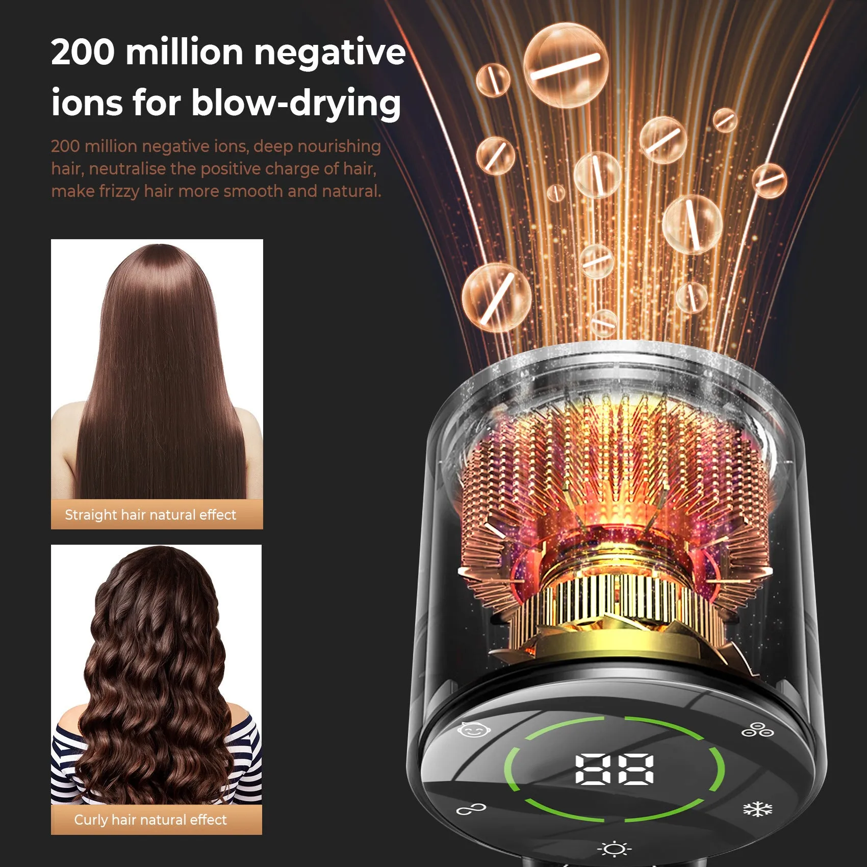 Black gold high-power hair dryer with screen display and brushless motor on neutral background