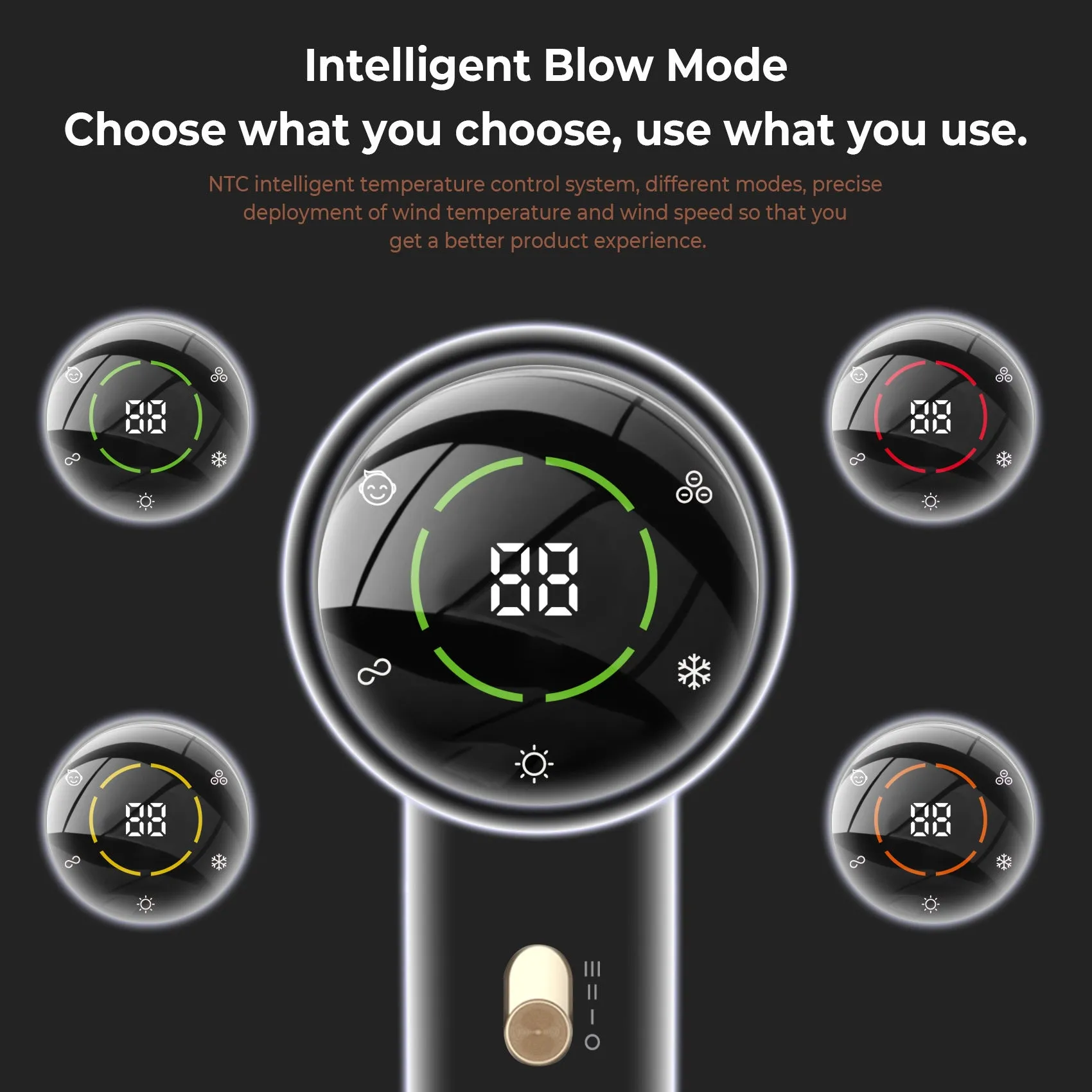 Black gold high-power hair dryer with screen display and brushless motor on neutral background