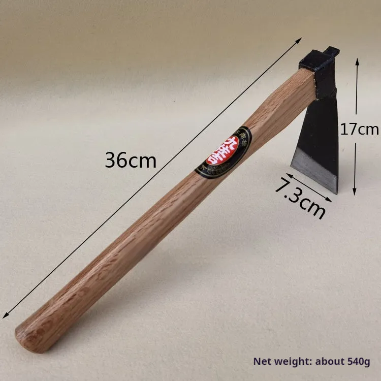 Forging No 7 small hoe with carbon steel head and brown Qinggang wood handle on white background