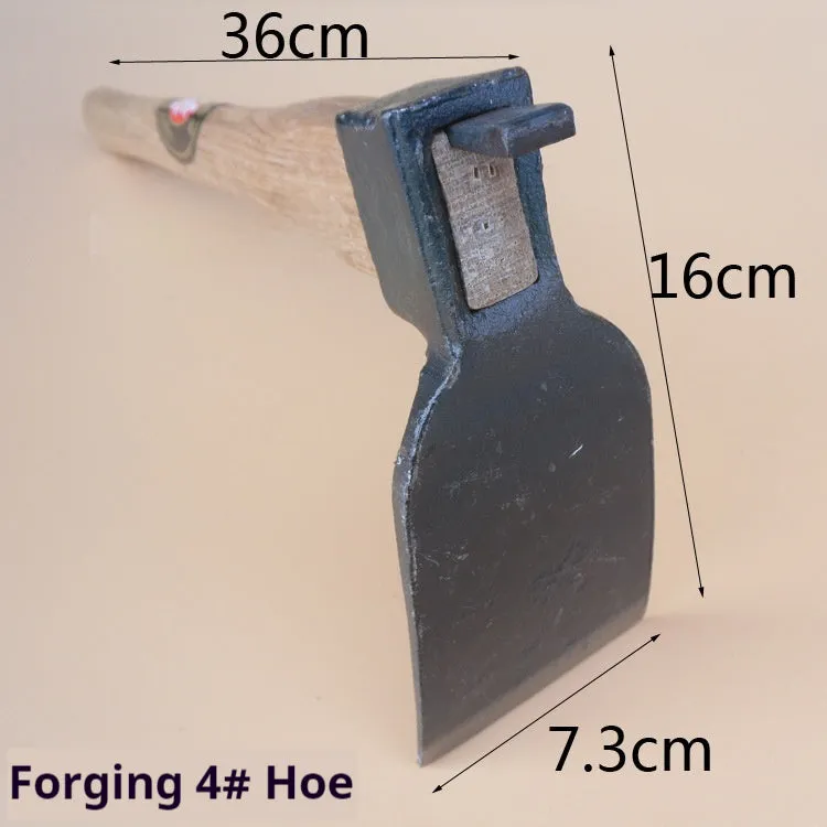 Forging No 7 small hoe with carbon steel head and brown Qinggang wood handle on white background