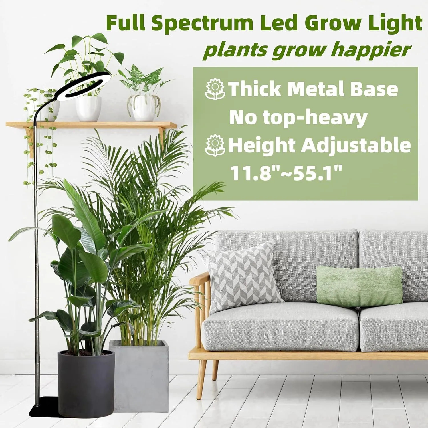 Base dual-purpose floor plant growth lamp with full spectrum LED, black aluminium finish, telescopic rod extended