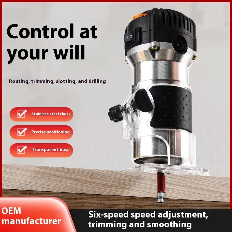 6-speed aluminium body electric woodworking trimmer router with 15 milling cutters and straight knife