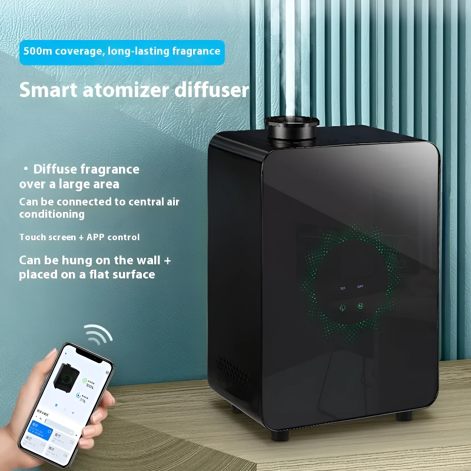 Large matte black intelligent aromatherapy machine wall-mounted with touch panel and 300ml capacity