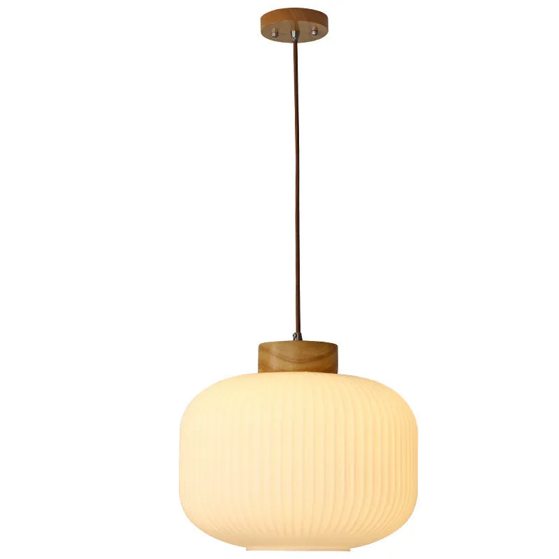 Natural wood retro Nordic pendant ceiling light with a vintage-style open shade.