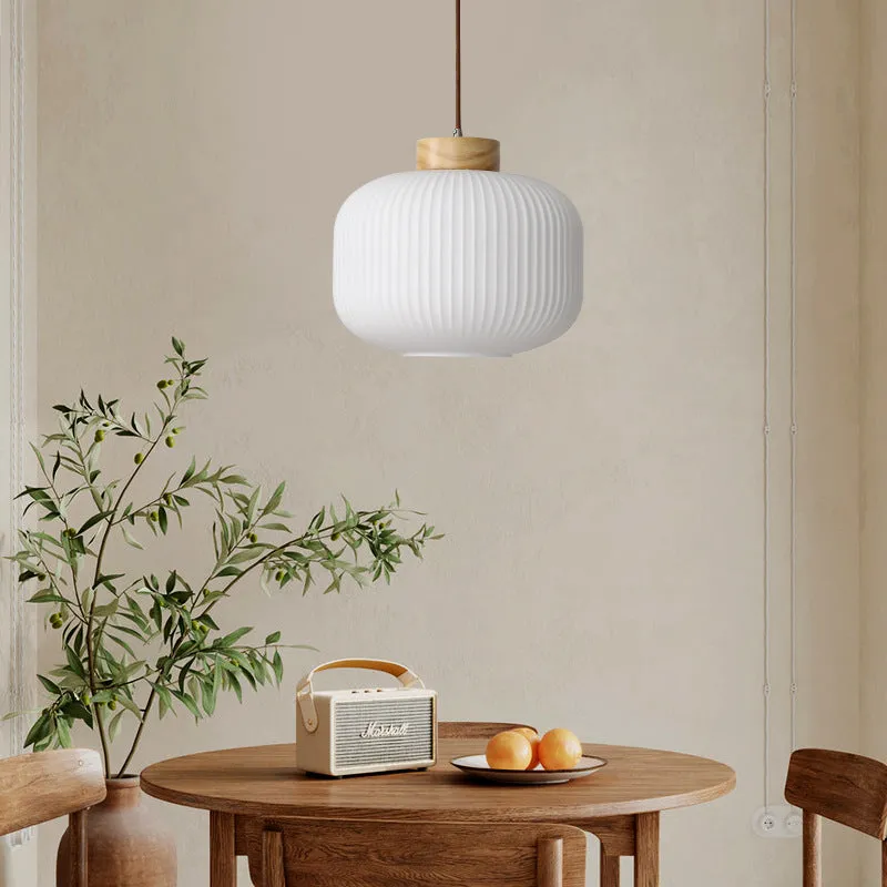 Natural wood retro Nordic pendant ceiling light with a vintage-style open shade.