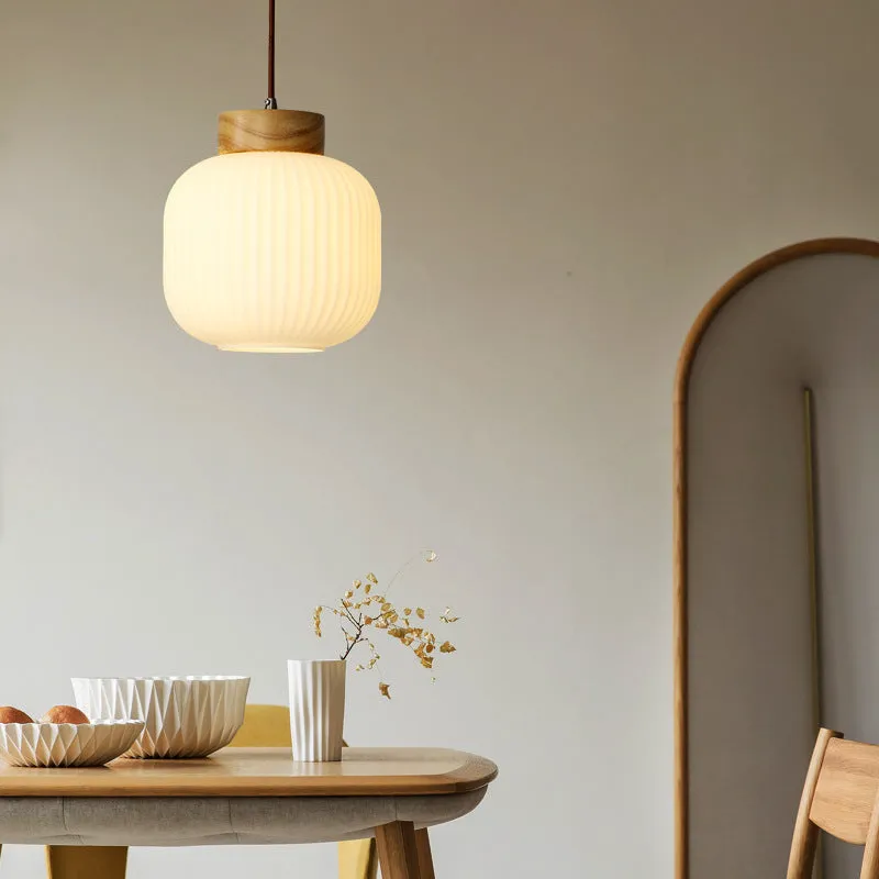 Natural wood retro Nordic pendant ceiling light with a vintage-style open shade.