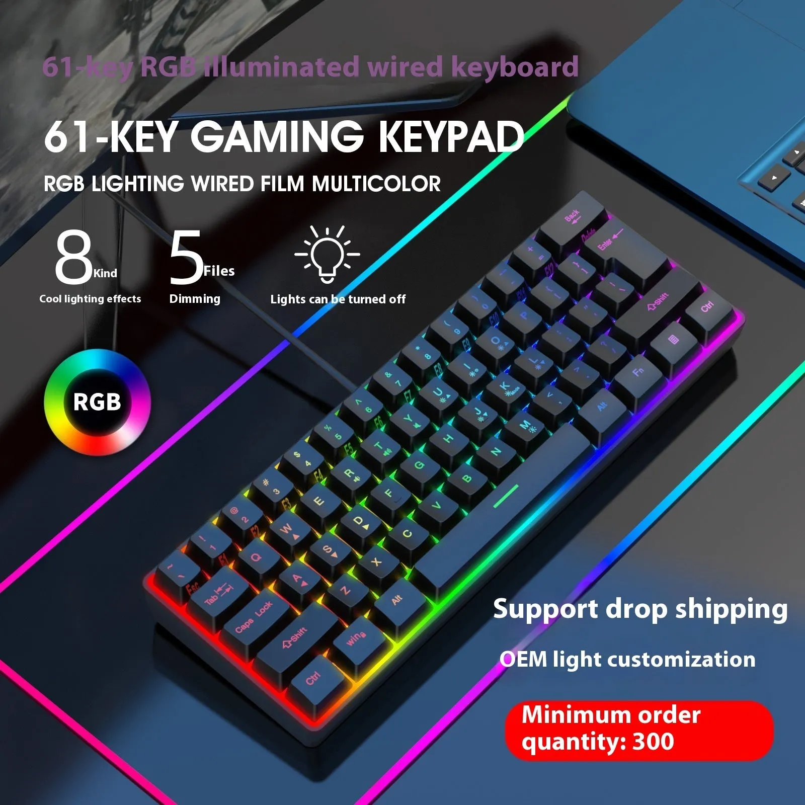 Simple Home Small RGB keyboard with K401 black finish, compact 30cm size, and colour backlighting