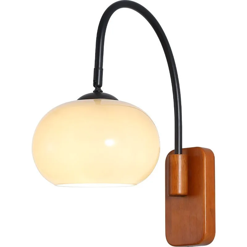 Creative retro glass wall LED lamp with milky white glass shade and walnut iron frame mounted on wall