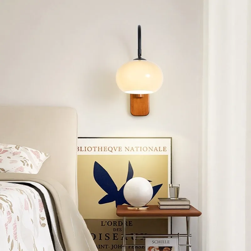 Creative retro glass wall LED lamp with milky white glass shade and walnut iron frame mounted on wall