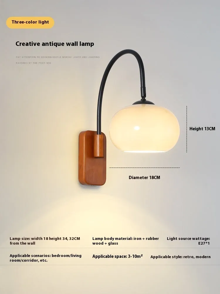 Creative retro glass wall LED lamp with milky white glass shade and walnut iron frame mounted on wall
