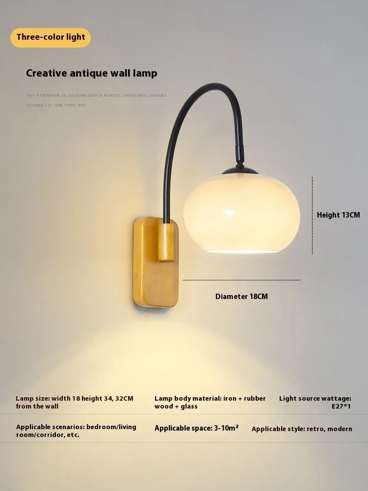 Creative retro glass wall LED lamp with milky white glass shade and walnut iron frame mounted on wall
