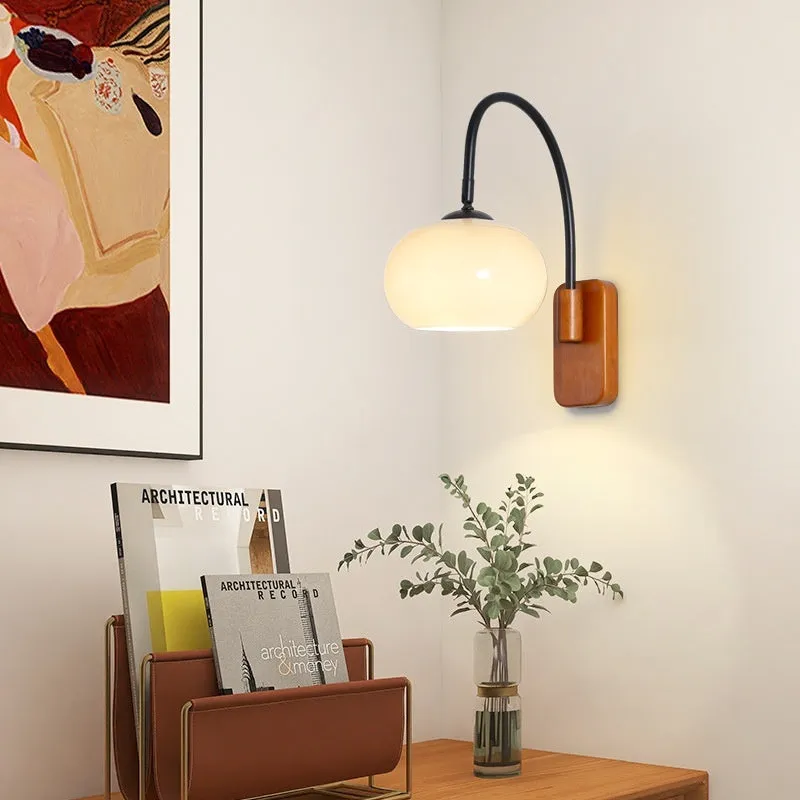 Creative retro glass wall LED lamp with milky white glass shade and walnut iron frame mounted on wall