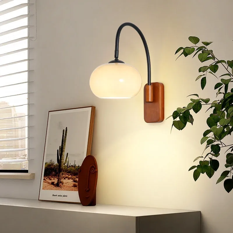 Creative retro glass wall LED lamp with milky white glass shade and walnut iron frame mounted on wall