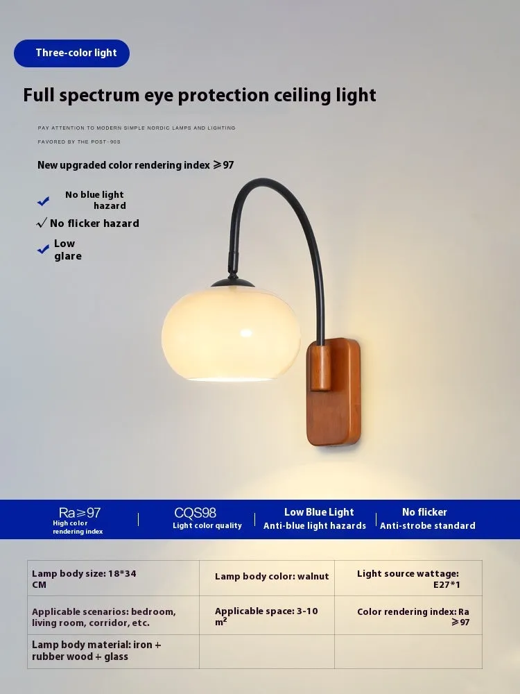 Creative retro glass wall LED lamp with milky white glass shade and walnut iron frame mounted on wall