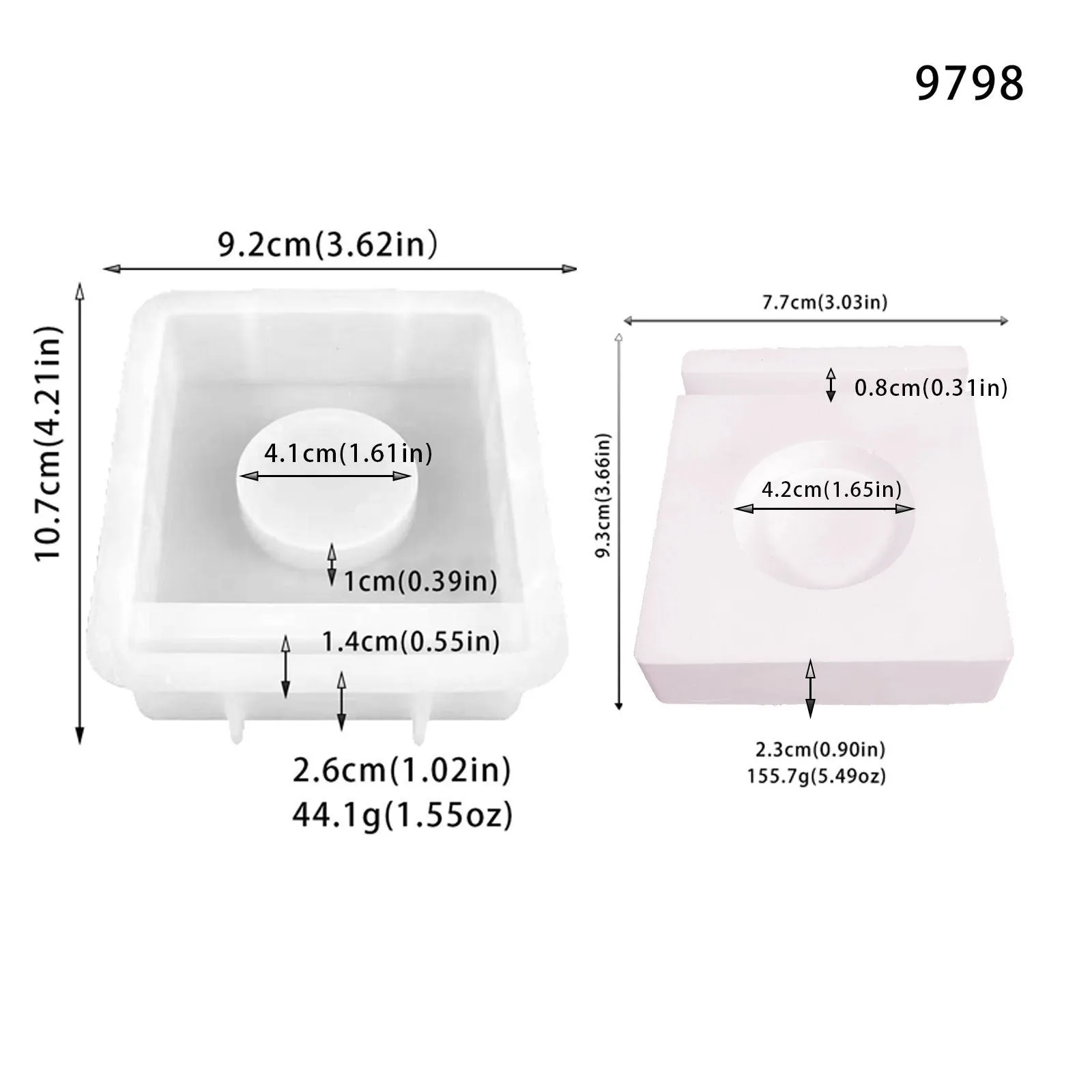 Set of five silicone moulds for tray decoration and candlestick making, including long candle holder, round base, and pacifier shapes, on a neutral background.