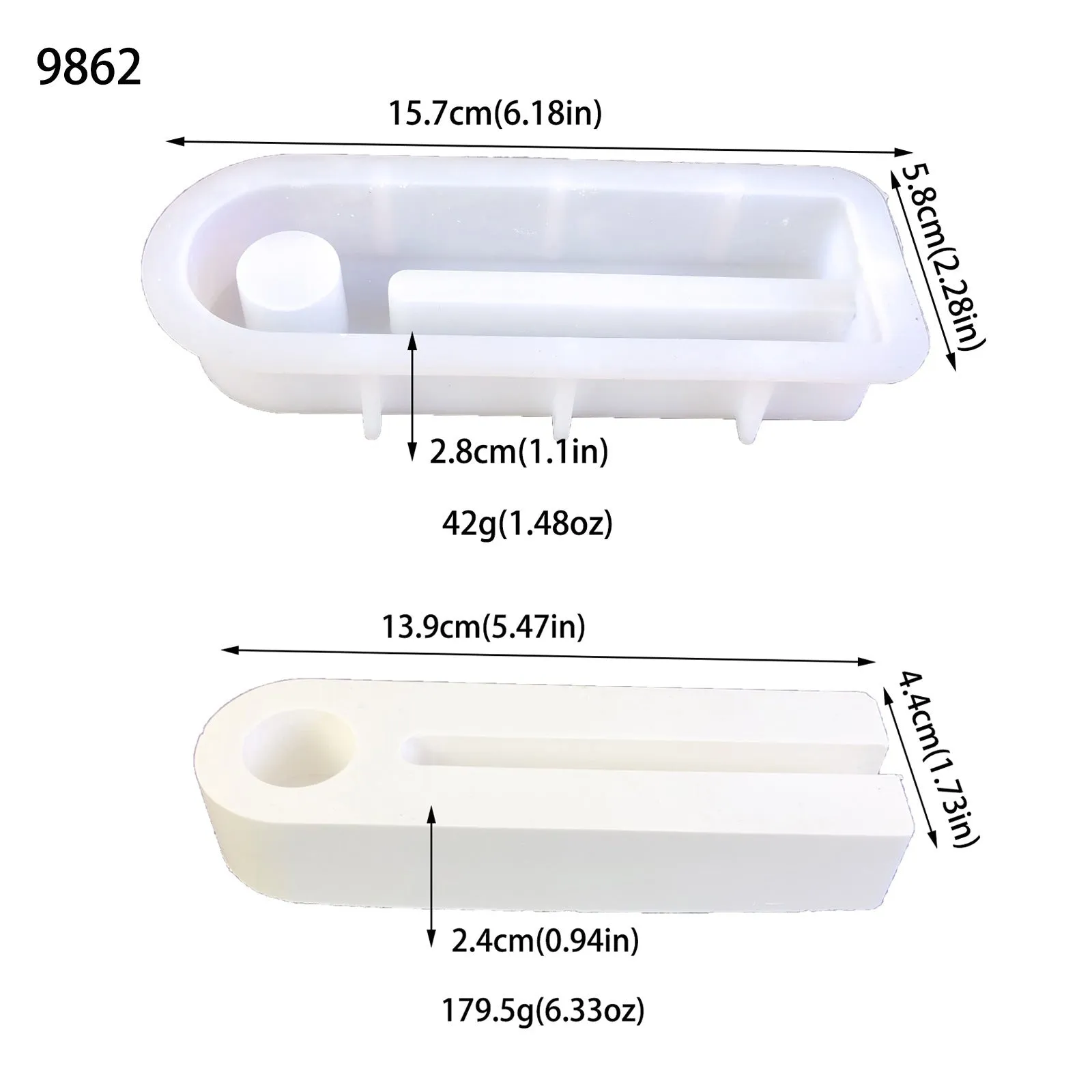 Set of five silicone moulds for tray decoration and candlestick making, including long candle holder, round base, and pacifier shapes, on a neutral background.