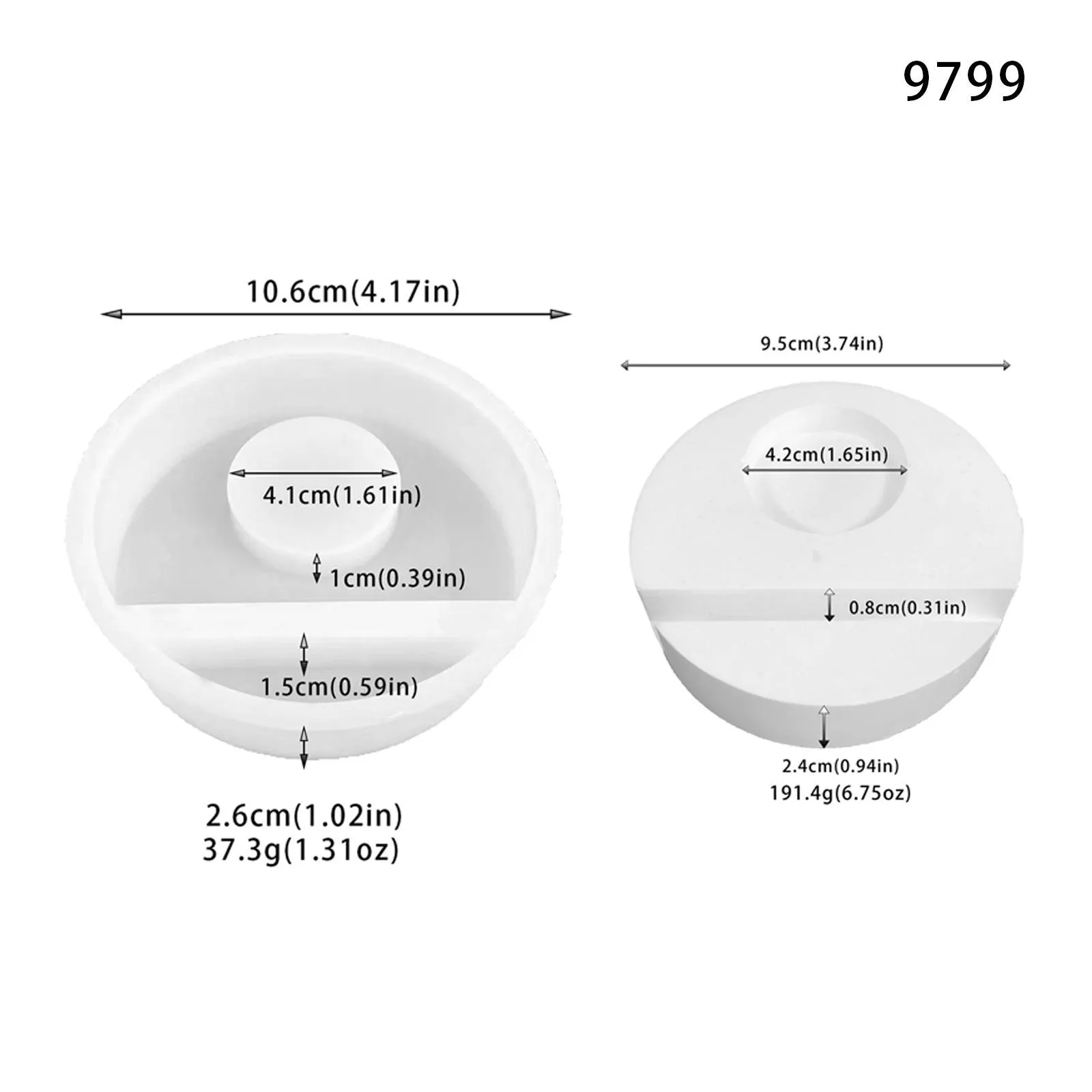 Set of five silicone moulds for tray decoration and candlestick making, including long candle holder, round base, and pacifier shapes, on a neutral background.
