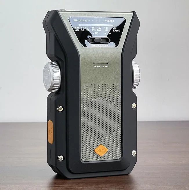 Multifunctional solar hand-shake radio flashlight with LED light in army green on white background