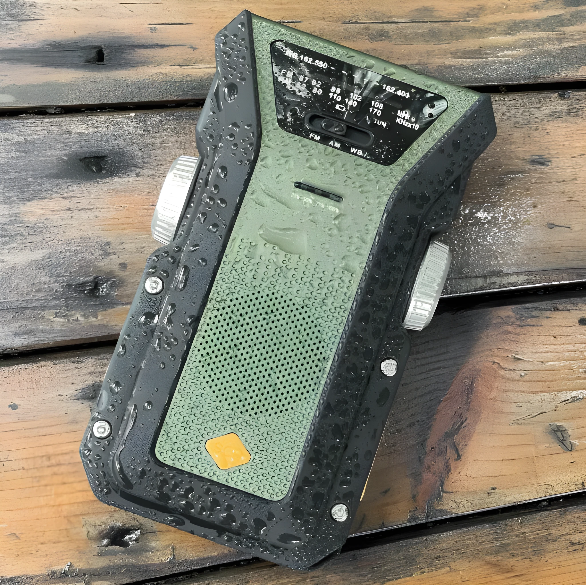 Multifunctional solar hand-shake radio flashlight with LED light in army green on white background