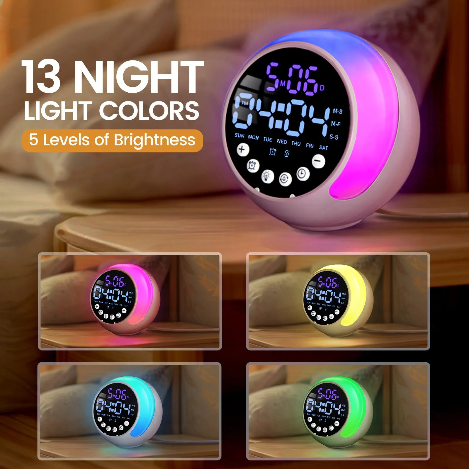 Multifunctional children's alarm clock in milky white ABS with RGB night light and wake-up light