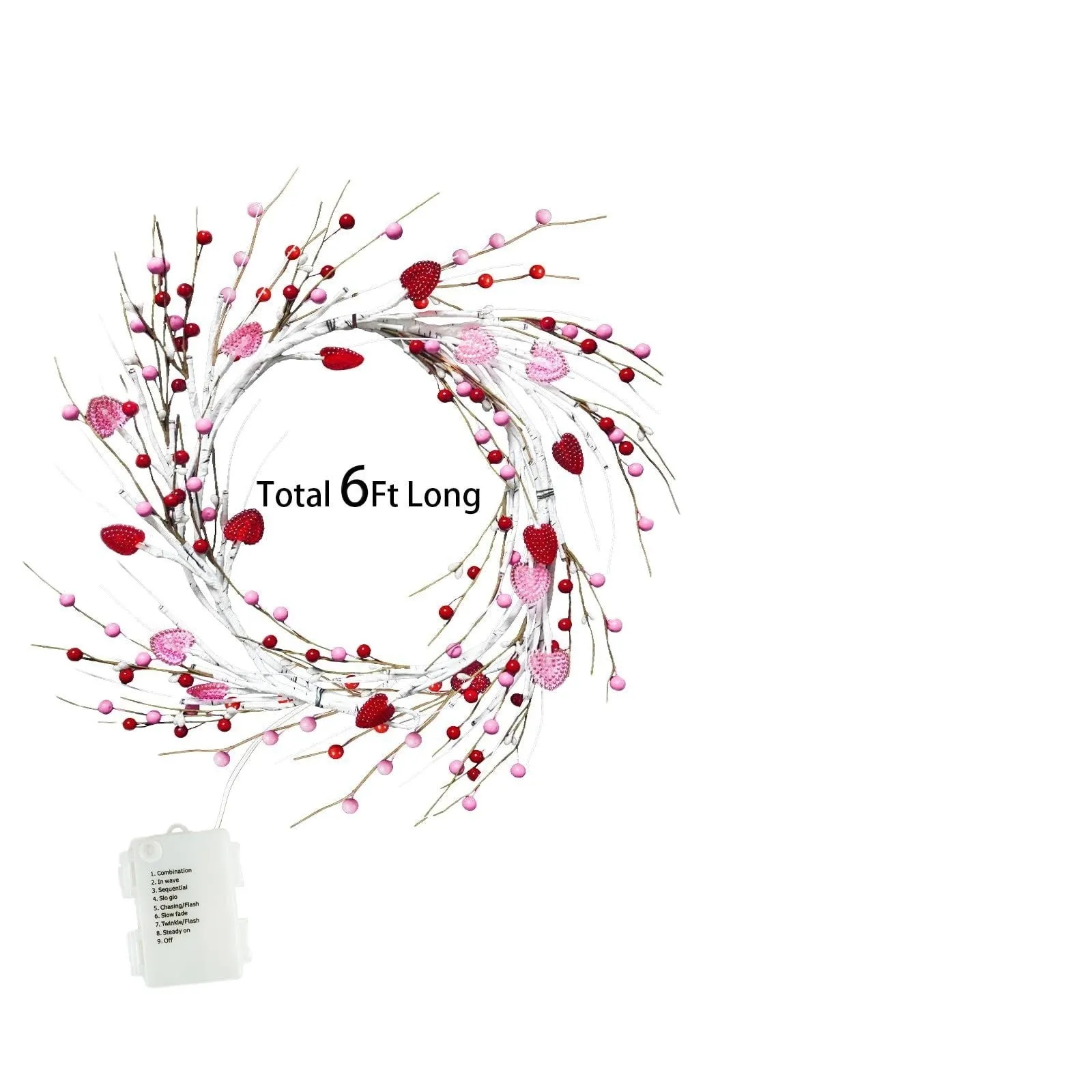Heart-shaped rattan branch string lights with 48 pink lights on a 1.8m battery-powered string