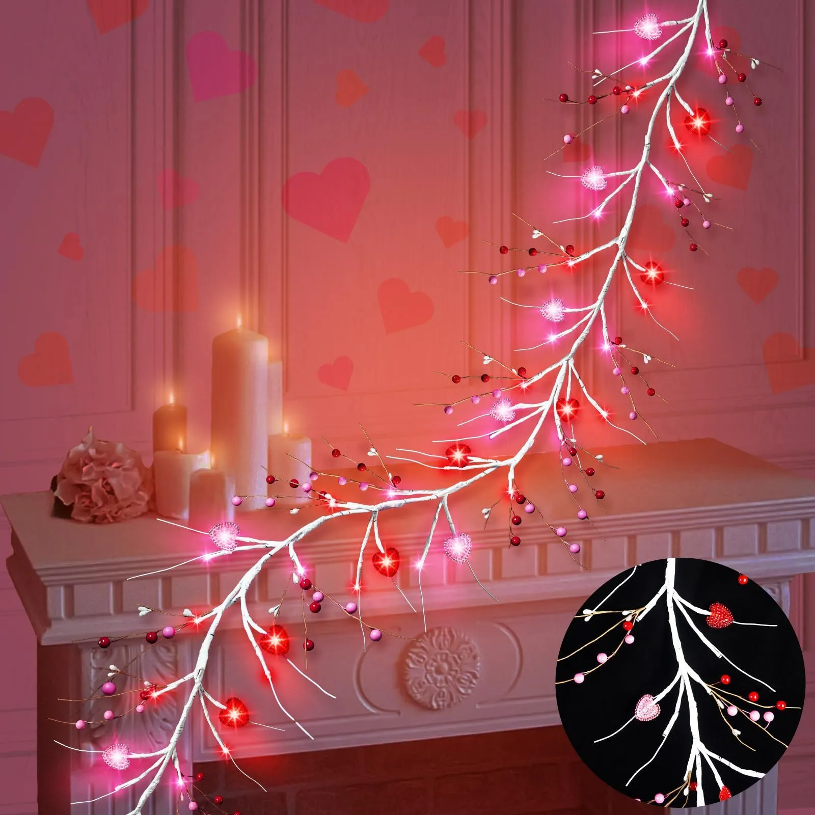 Heart-shaped rattan branch string lights with 48 pink lights on a 1.8m battery-powered string