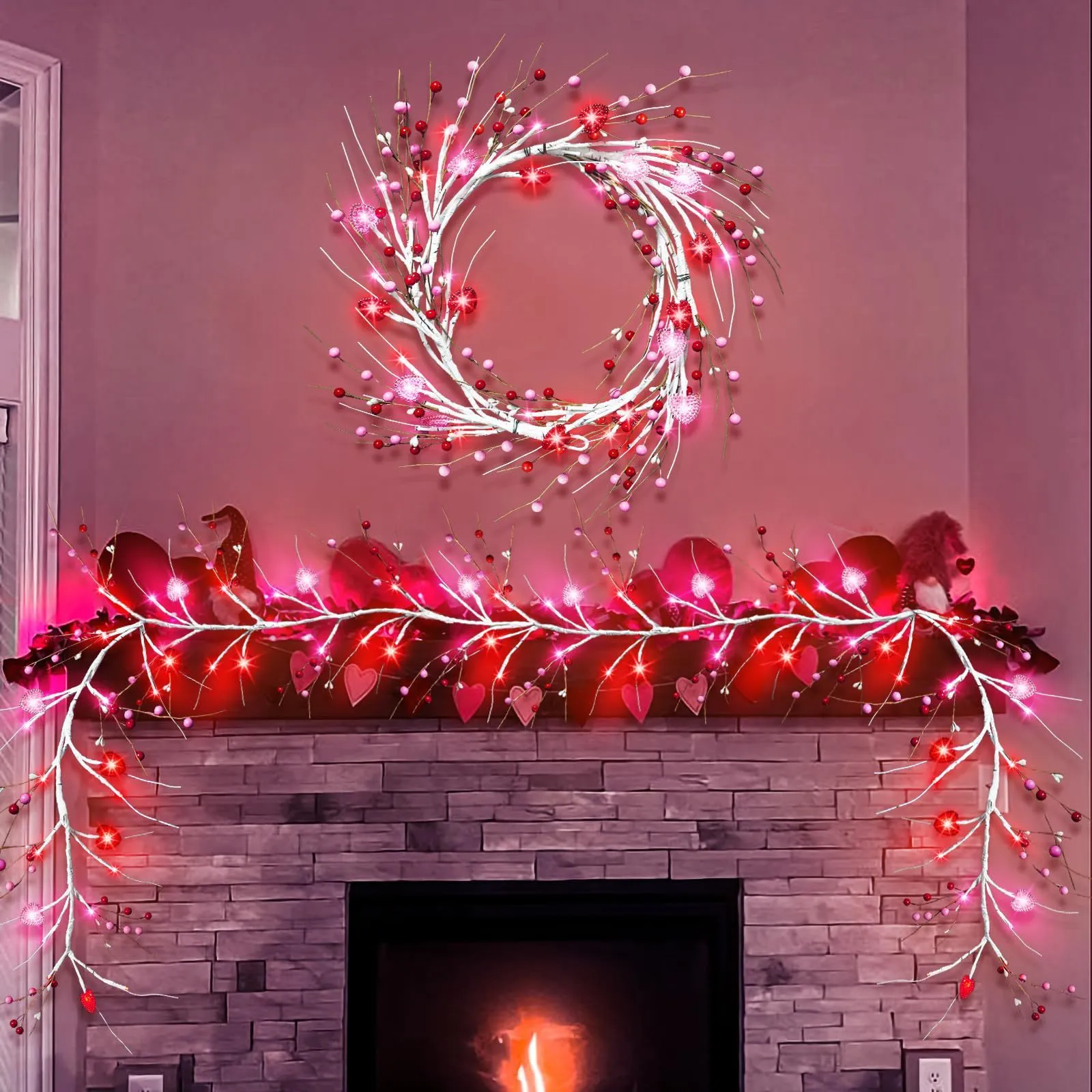 Heart-shaped rattan branch string lights with 48 pink lights on a 1.8m battery-powered string